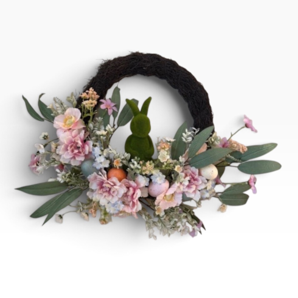 Easter Spring Wreath Moss Bunny Pink Flowers Speckled Eggs Farmhouse Decor 16in